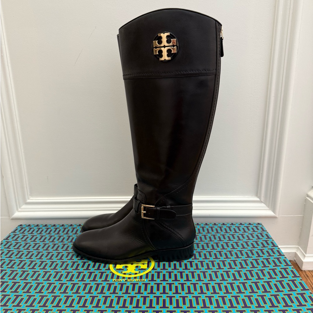 New With Box Women’s Tory Burch Black Leather Heeled Riding Boots